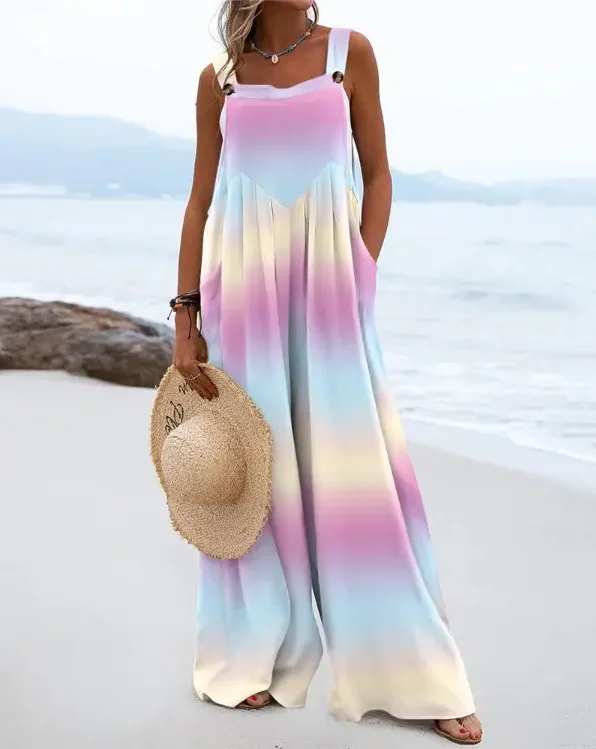 

Sexy Sleeveless Loose Bodysuit Fashion Daily Club Beach Vacation Outfits Summer Woman Jumpsuit Ombre Wide Leg Suspender Playsuit