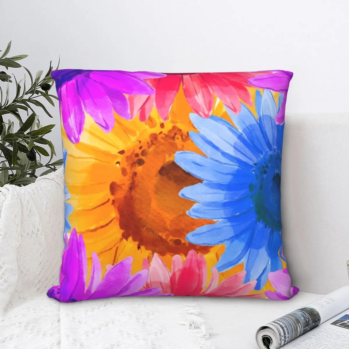 

Vibrant Watercolor Sun Flower Art Square Pillowcase Polyester Pillow Cover Velvet Cushion Decor Comfort Throw Pillow for home