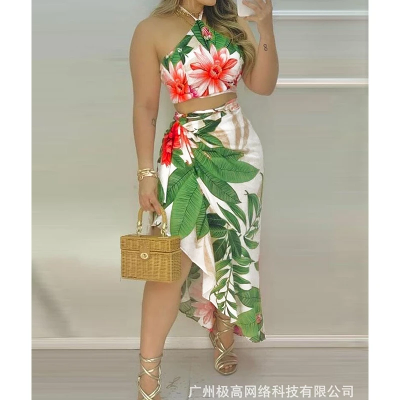 

Women 2-Piece Suit Women Slim Floral Print Suit Sexy Spaghetti Strap Halter Backless Short Top High Waist Irregular Skirt Suit