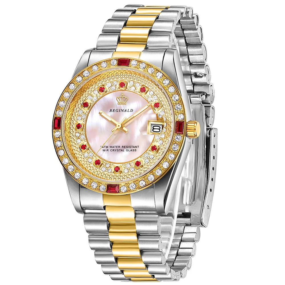 Фото Fashion Reginald Top Brand Diamonds Gold Watch Men Pearl Style Dial Full Stainless Steel Quartz Silver Date Wrist Relojrelogio №2