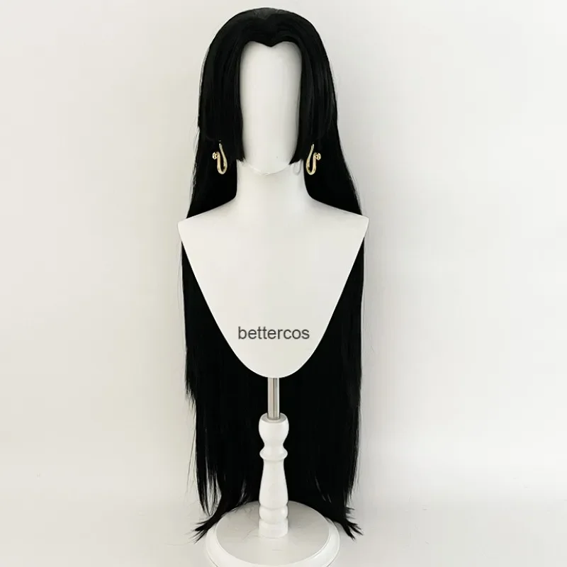 Парик для косплея аниме Boa Hancock с серьгами длинные черные прямые Термостойкие