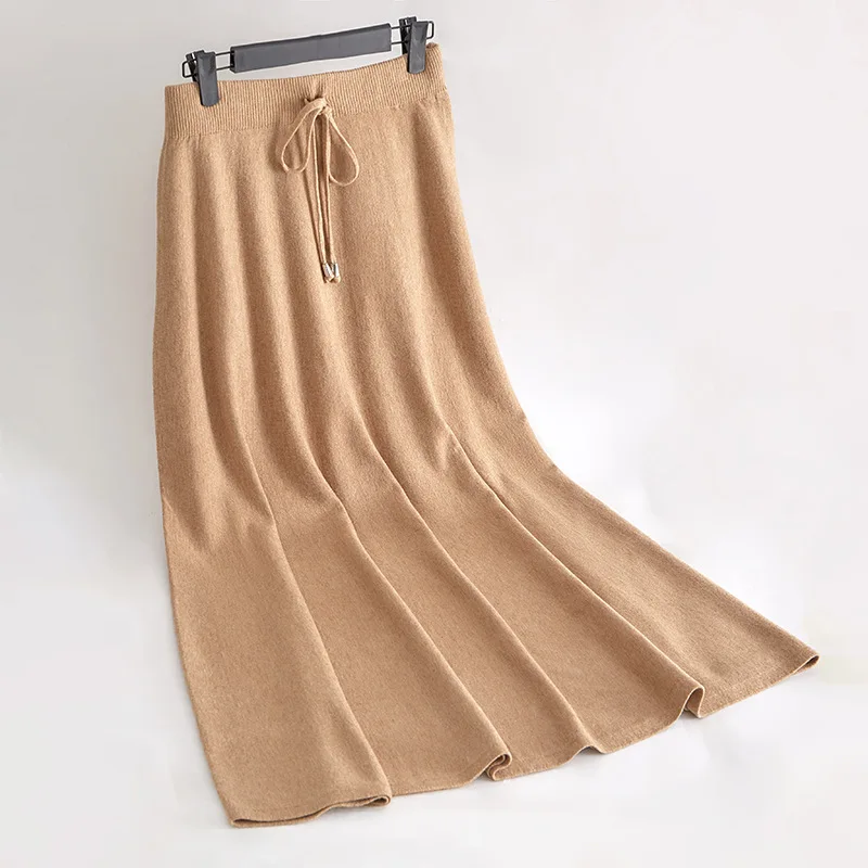 

Women Fashion A-line High Waist Pleated Knit Skirt Casual Solid Color Drawstring Warm Autumn Winter Long Skirts Female Clothing