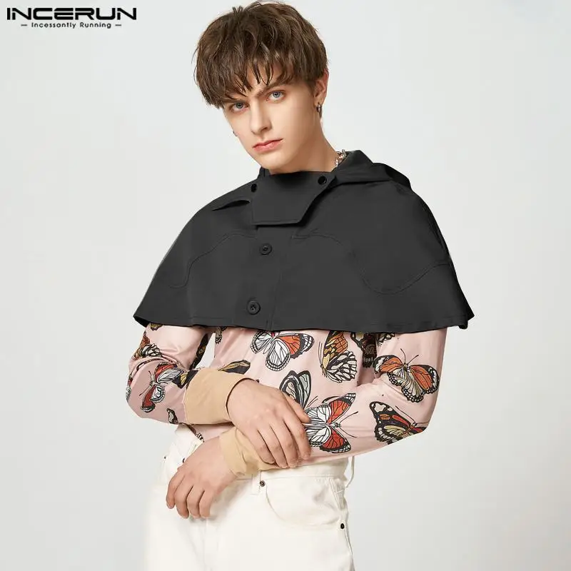 

INCERUN Men Trench Cloak Solid Color Button Sleeveless Hooded Casual Ponchos Streetwear 2023 Fashion Irregular Coats Cape S-5XL