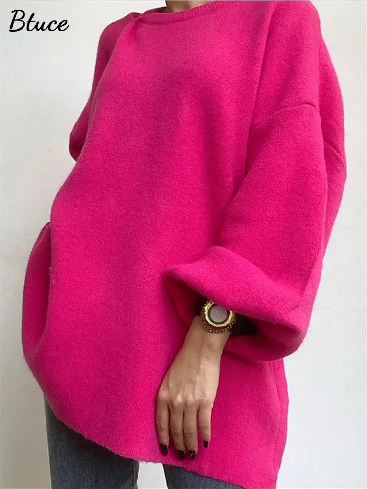 

Women's Thicken Knitted Pullover Winter Casual Lantern Sleeves Sweater Dress 2022 Solid Elegant O-neck Female Midi Dresses