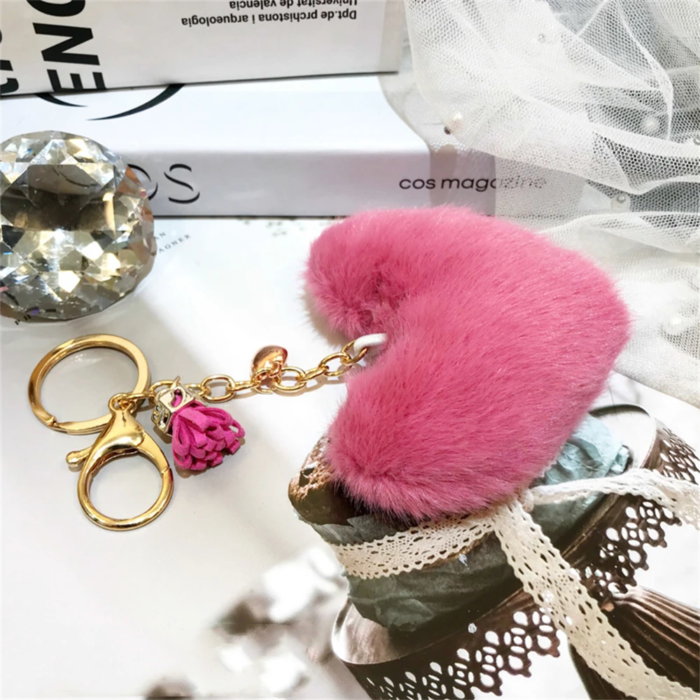

2022 New Lovely Heart Keychains Women's Pom Poms Faux Rex Rabbit Fur Ball Key Chains Girl Bag Hang Car Key Ring Pendant