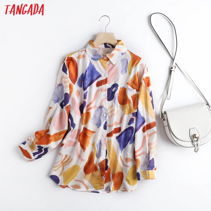 

Tangada women vintage loose print shirt blouse long sleeve 2020 autumn winter chic female loose shirt blusas femininas 5M11