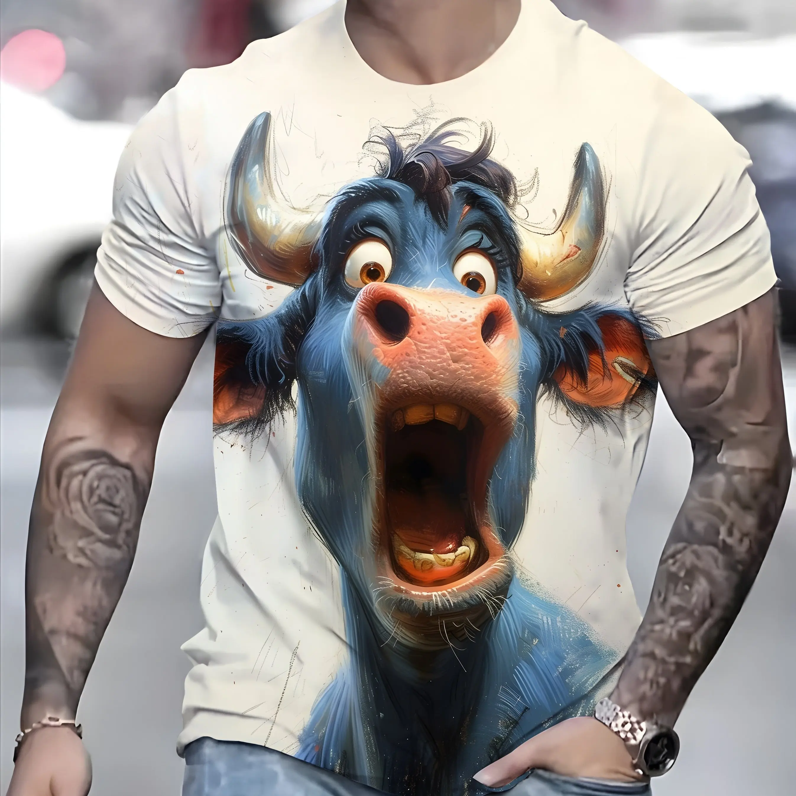 Модная мужская футболка с забавным рисунком животных коровы топы коротким