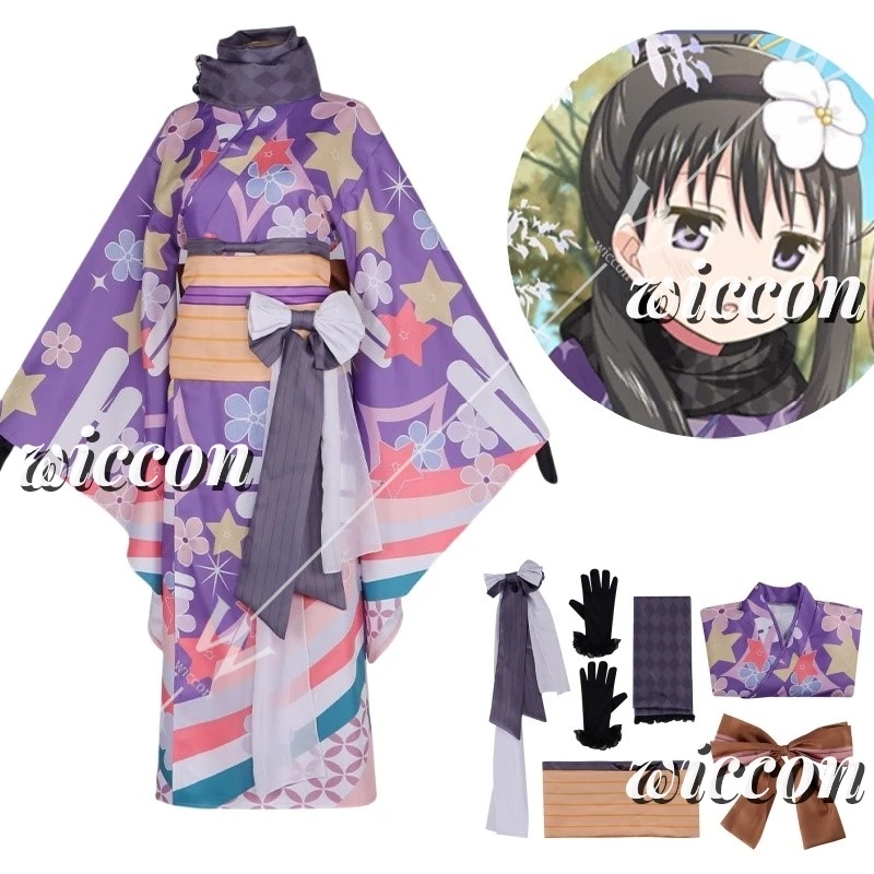 Аниме Akemi Homura кимоно для косплея Puella Magi Madoka Magica костюм с принтом униформа платье