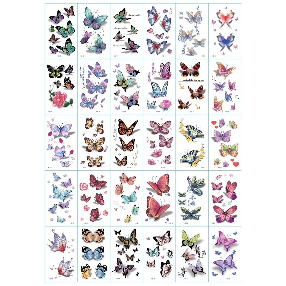 60 шт./компл. дорожная наклейка для татуировки с сердечником цветная 3D бабочка