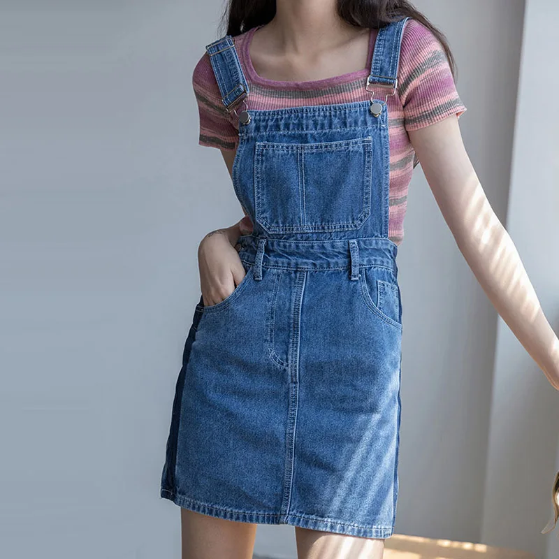 

Summer Women Short Jean Dress Vintage Big Pocket Sleeveless Denim Overalls Dresses Y2k Fashion Adjustable Straps Blue Mini Dress