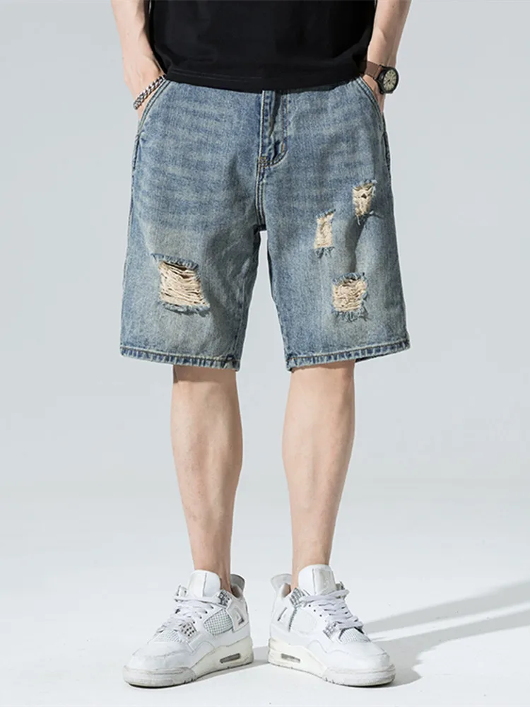 

Мужские летние джинсовые шорты, повседневные свободные прямые джинсовые рваные пятиконечные шорты, мужские джинсовые шорты больших размер...