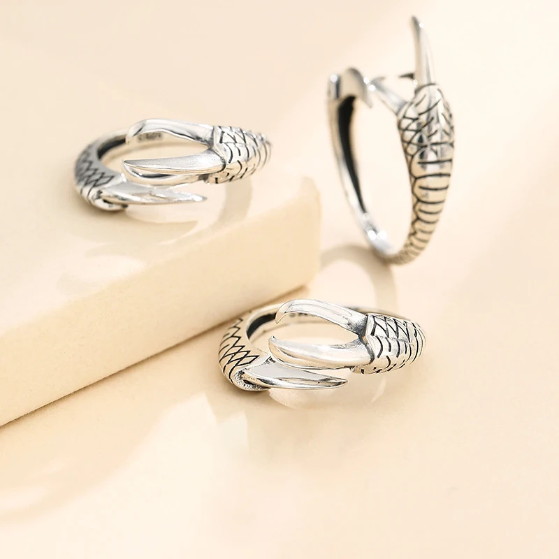 S925 Sterling Silver Vintage Adjustable Dragon Claw Eagle Claw Blank Ring Base For 8mm Cabochons Cameo Jewelry Making Accessorie