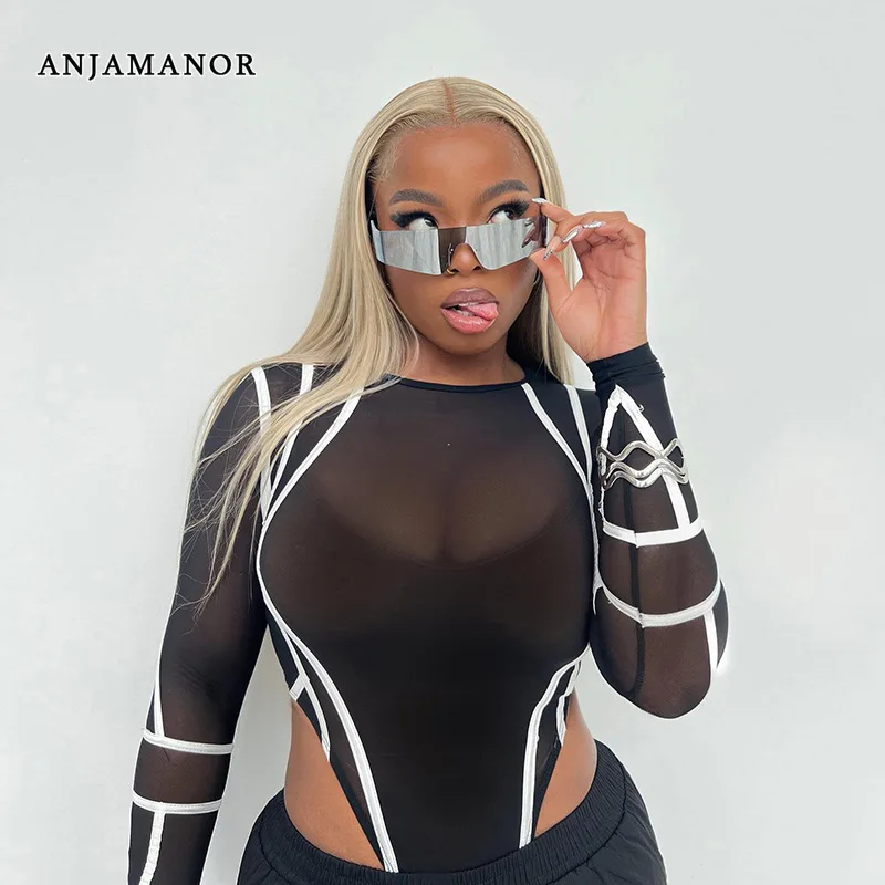 

ANJAMANOR See Through Mesh Bodycon Bodysuit Sexy Baddie Clothing Women Night Club Outfits Long Sleeve Black Tops D83-CE15