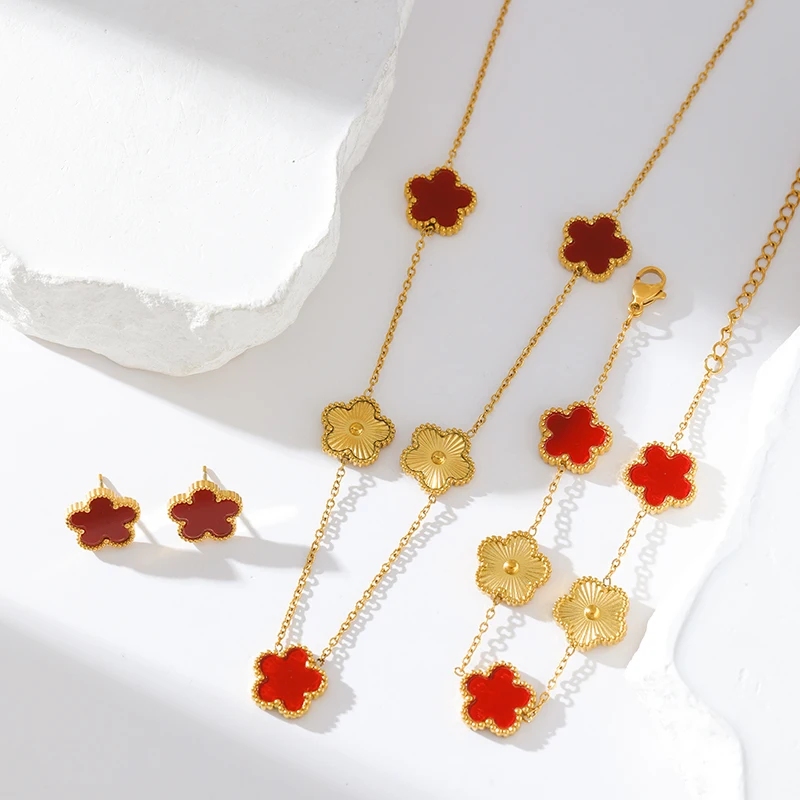 EILIECK Нержавеющая сталь 316L Цветок Пятилистный клевер Ожерелье Браслет Серьги