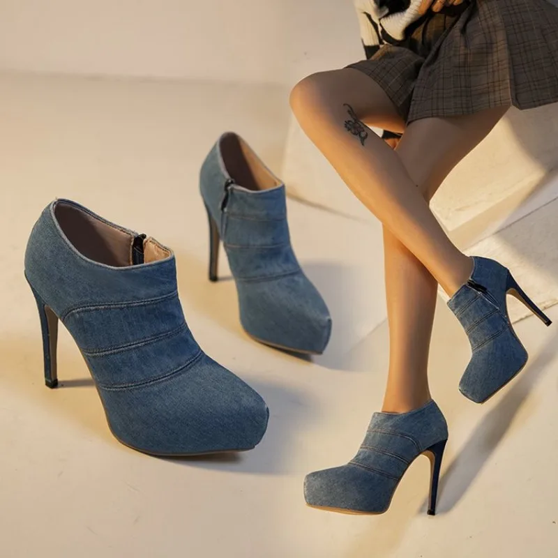 

Sexy Women Ankle Boots Blue Jeans Autumn Spring Short Boots for Women Shoes High Heels Jeans Party Shoes Ladies 35-40