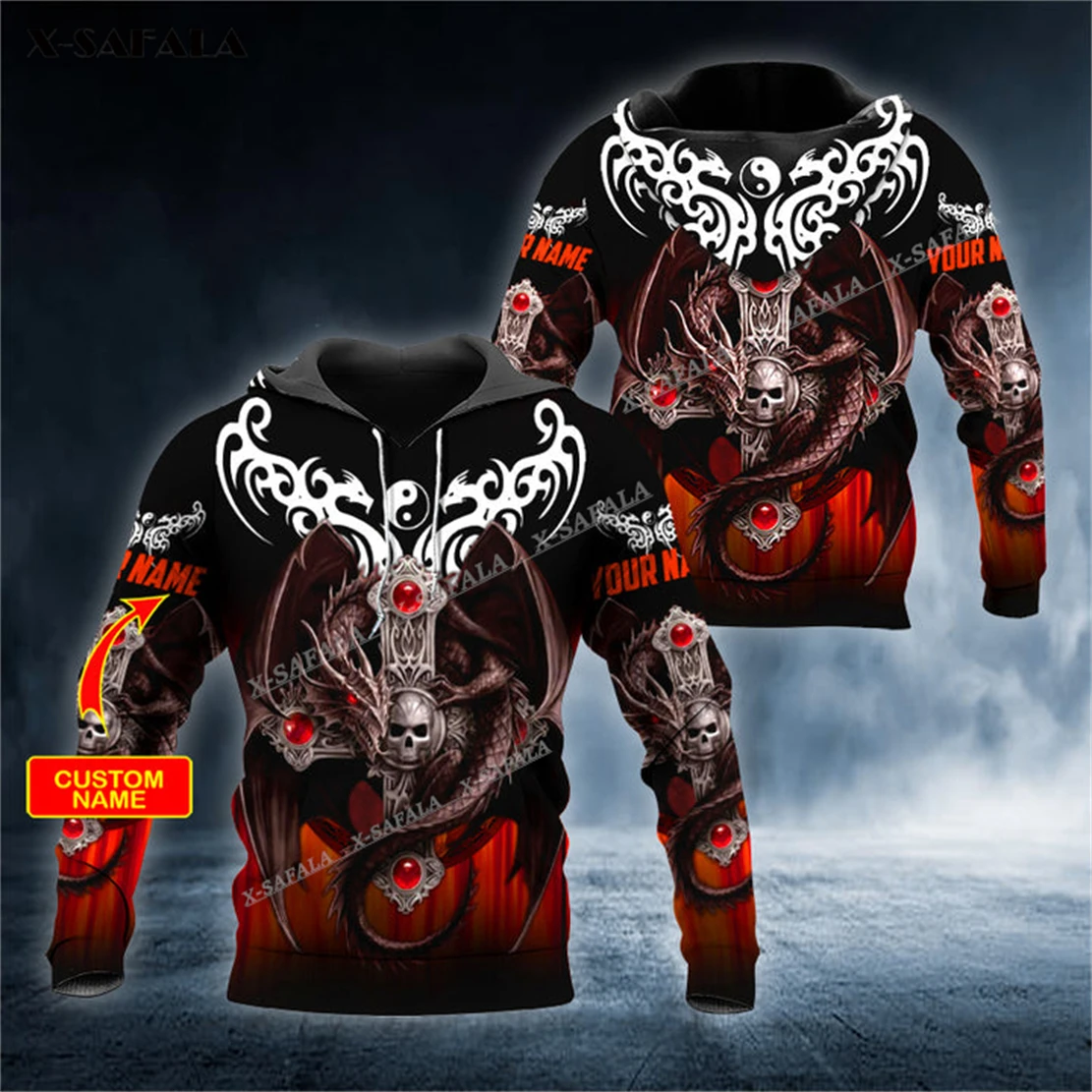 

X-SAFALA Yin Yang Winged Dragon Cross Skull 3D Print Zipper Hoodie Men Pullover Sweatshirt Hooded Jersey Tracksuits Outwear Coat