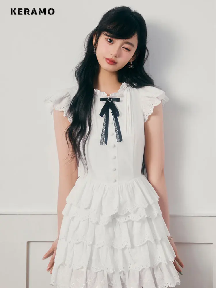 

2023 Summer Sweet Flying Sleeve Bow Tierred O-neck Mini Dresses Women's Kawaii Chiffon Sheath High Waist Preppy Style Dress