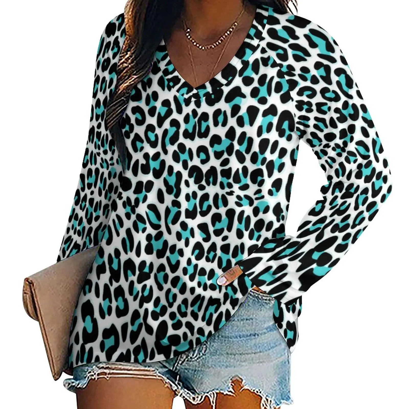 

Футболка с леопардовым принтом, сине-черная красивая футболка с длинным рукавом, корейская мода, футболка большого размера, Графические Топы, подарок на день рождения