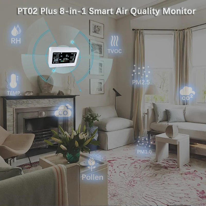 Монитор качества воздуха PT02 Plus с Wi-Fi определяет пыльцу TVOC CO CO2 PM2.5 1 0 Temp RH Iot