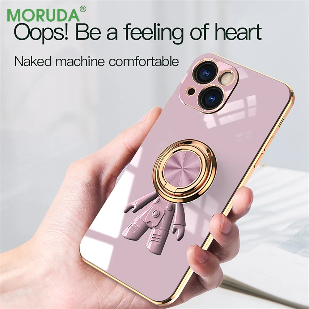 

6D Astronaut Ring Holder Case for iPhone 14 Pro 11 12 13 Pro Xs Max Mini 7 8 Plus SE 2 XR X Electroplated Shockproof Back Cover