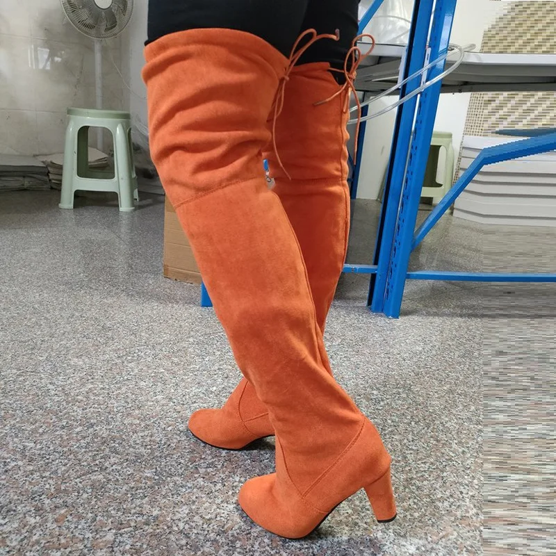 

Winter Women High Heels Chelsea Boots 2022 New Fashion Over The Knee High Boots Party Chunky Shoes Sexy Pumps Suede Snow Botas