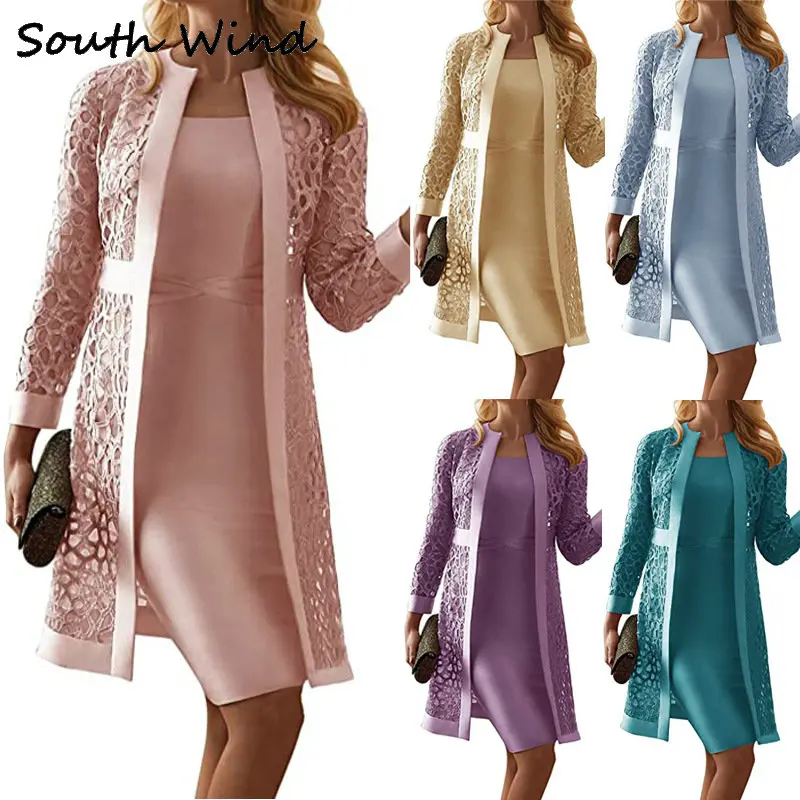 New Women's Long Sleeve Top Solid Color Cutout Dress Elegant Lace Cardigan Two Piece Sleeveless Commuter Jumpsuit