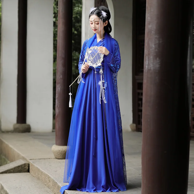 Royal Blue Hanfu Elegant Embroidery Ancient Costume Chinese Style Women Lace Cardigan Lapel Collar Dress For Party Prom Dance
