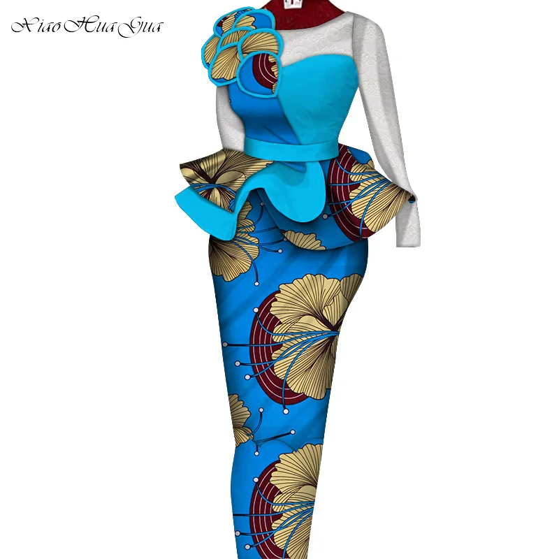 Conjuntos de falda africana para mujer, traje largo y recto, faldas y Tops con decoración de encaje, Bazin Riche, ropa africana tradicional WY6195