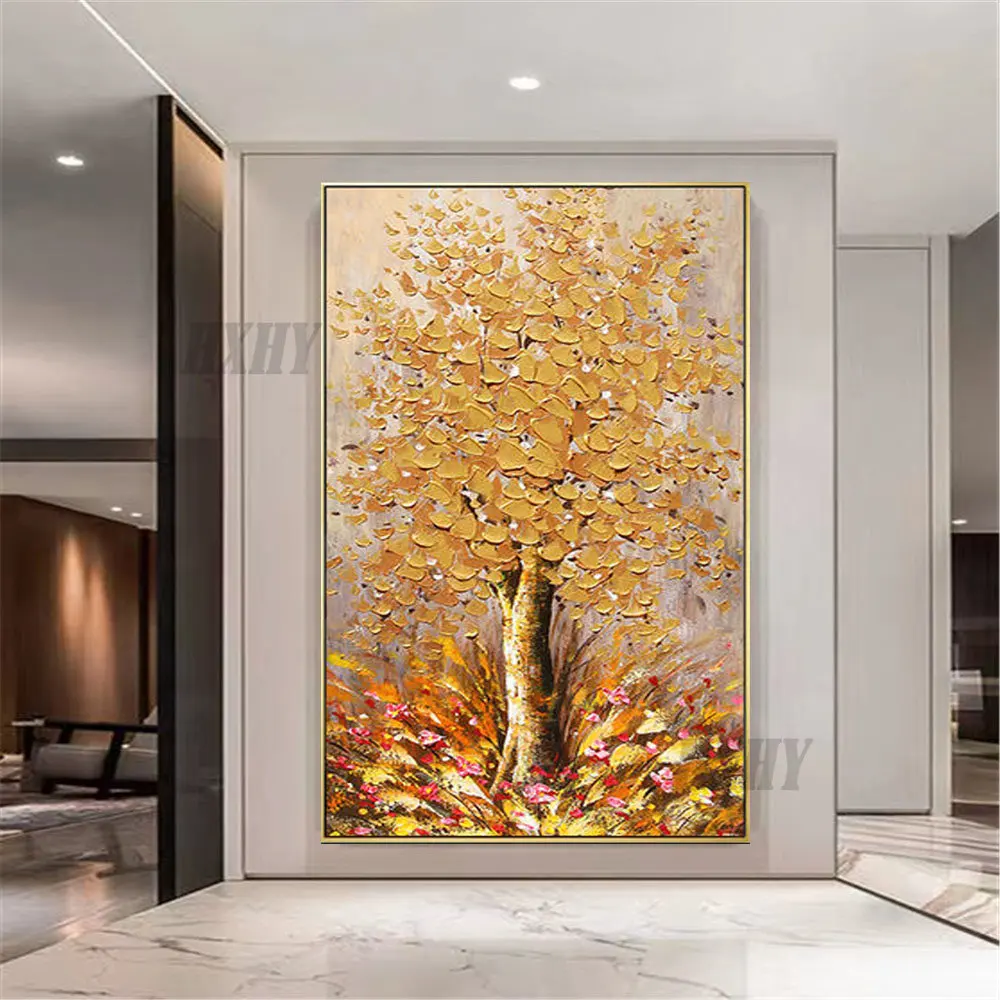 

100% Ручная Современная картина маслом абстрактная картина на холсте Золотое желтое богатое дерево цветок растение Искусство Настенная карт...
