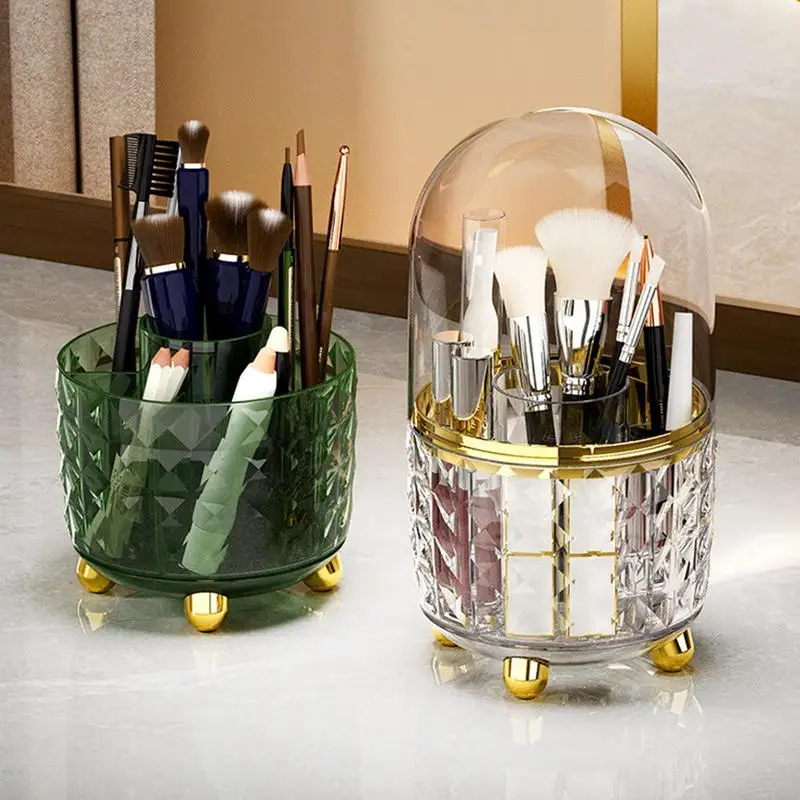 

Make Up Brush Organizer With Lid Dustproof 360-Degree Covered Makeup Brush Holder 5 Compartments Makeup Organizer For Bathrooms
