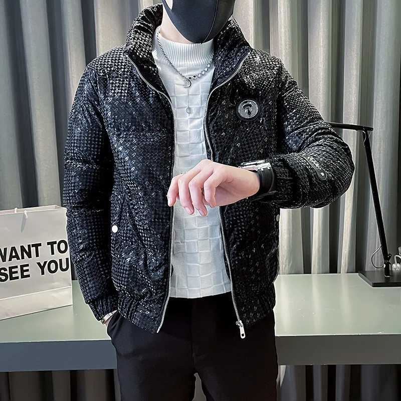 Winter Luxurious Sequin Men Jackets Thicken Warm Stand Collar Casual Puffer Parkas Overcoat Windproof Streetwear Men Clothing