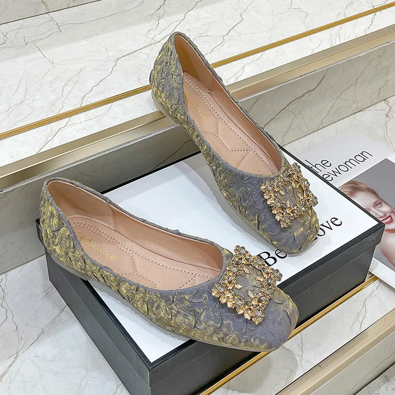 High Quality Rhinestone Buckle Women Ladies Comfortable Ballet Fashion Slip on Shallow Loafers Office Flat Boat Shoes