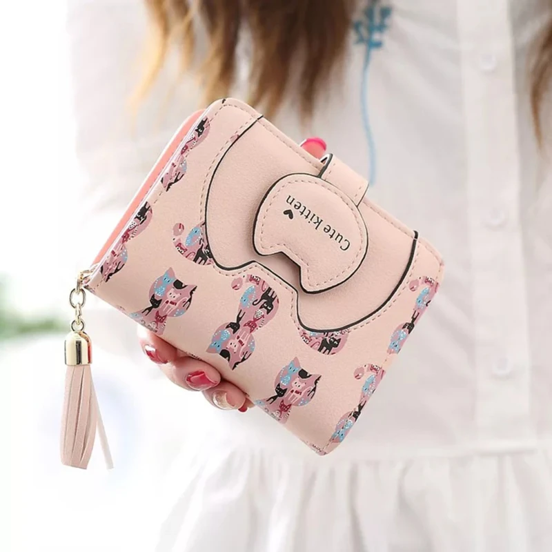 

Women Mini Wallet Tassel Cartoon Cat Purse for Ladies Printing PU Leather Designed Coin Bags Female Card Holder Cute Girl Wallet