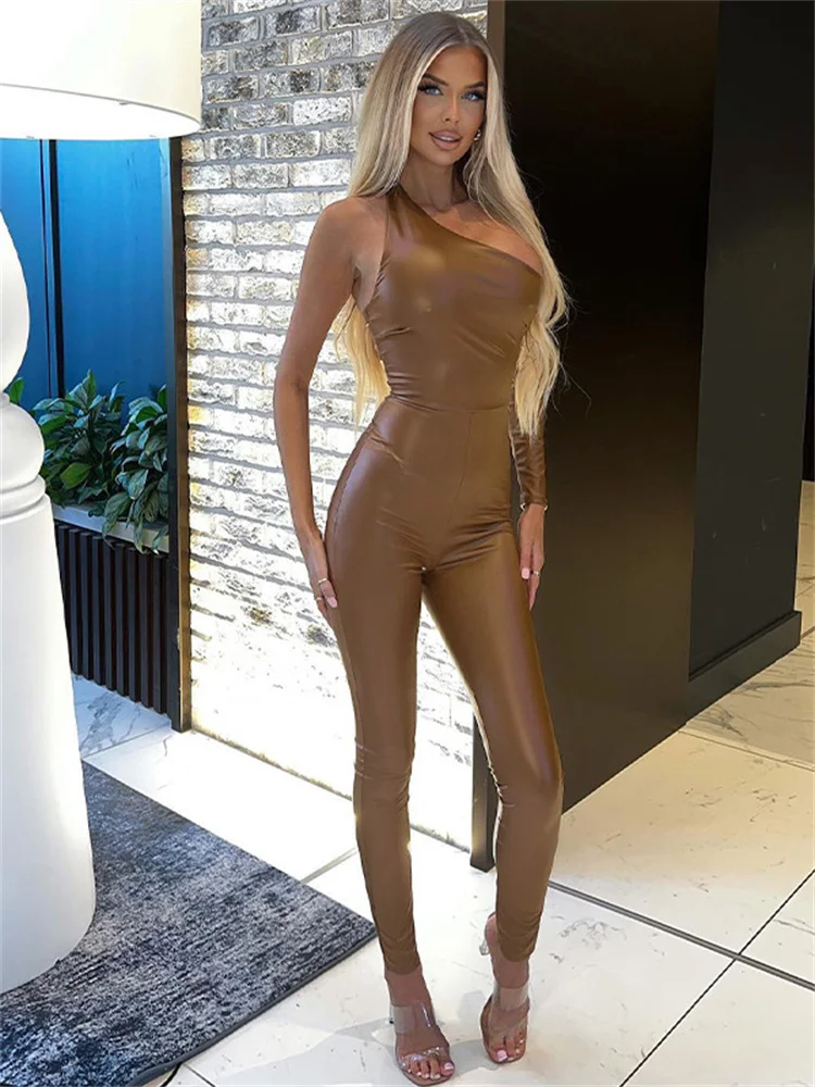 

WJFZQM Women Sexy One Piece Casual Outfits 2022 One Sleeve Coffee Bodycon Jumpsuits Female Fall Club Faux Pu Leather Jumpsuits