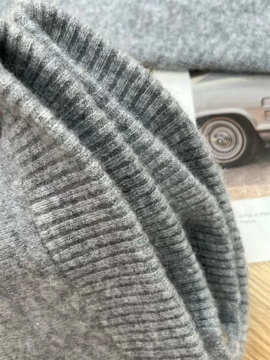 Осенний новый женский однобортный вязаный свитер с круглым вырезом серый