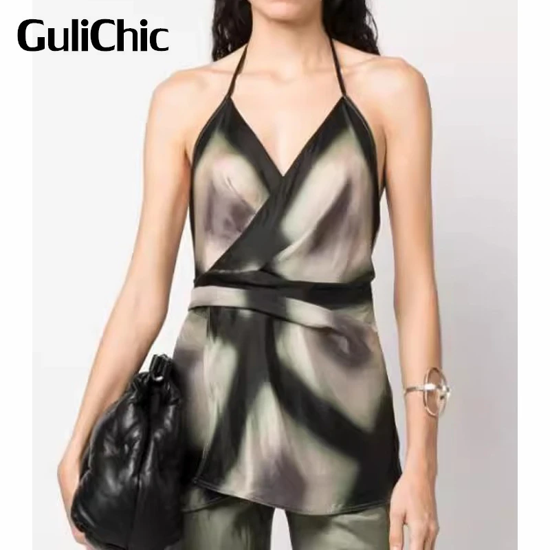 

7,14 GuliChic женский темпераментный винтажный сексуальный топ на бретелях с открытой спиной и геометрическим градиентным принтом на шнуровке