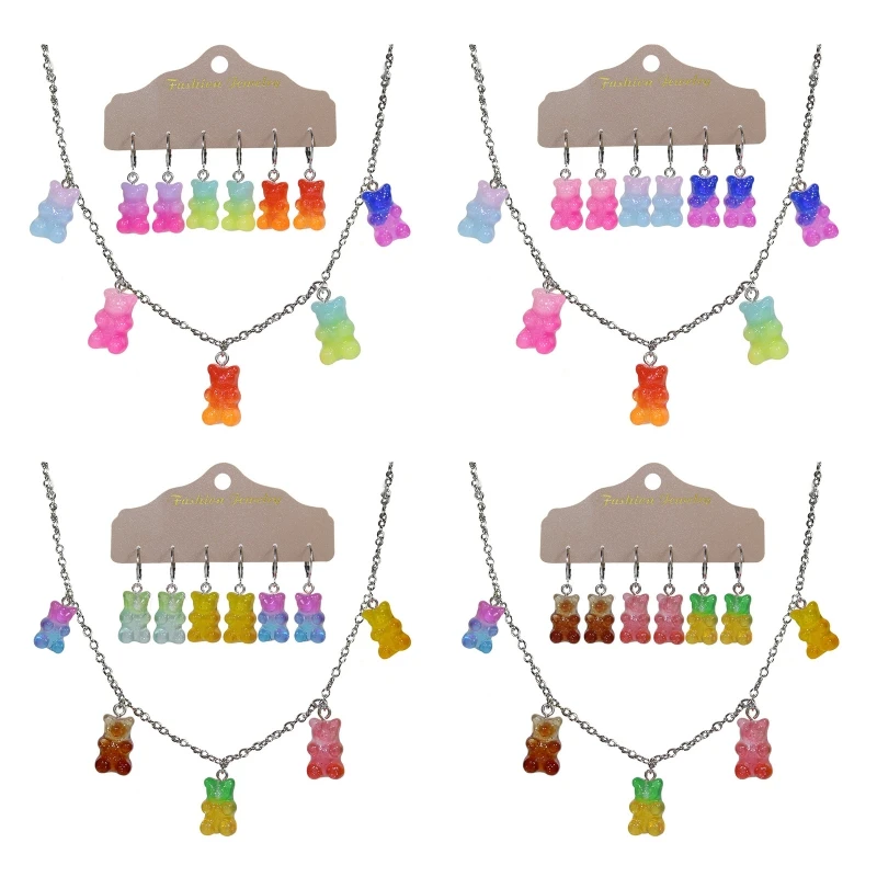 

1 Set Cartoon Animal Drop Earrings Neckalce Set Cute Candy Gradient Color Bear Dangle Earring Neck Jewelry Gift for Lady Girl