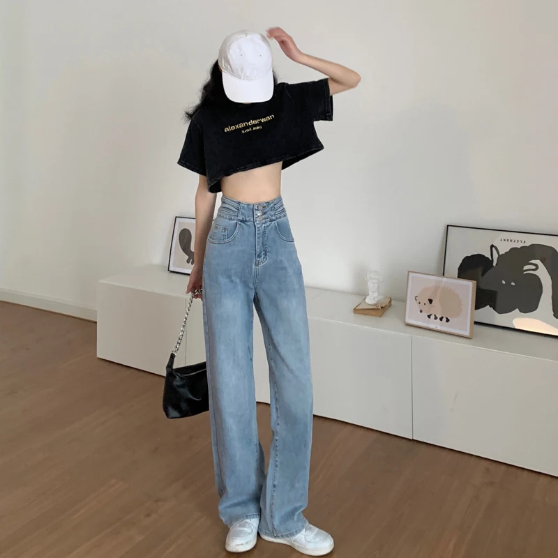 

DD3185 New High Waist Design Small Loose Wide Leg Straight Pants Jeans