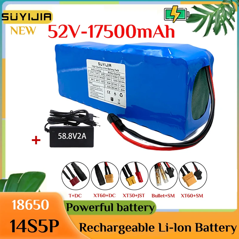 

52V 14S5P Lithium Batteries Pack 18650 17500mah Built-in Smart BMS for E-Bike Unicycle Scooter Wheel Chair with 58.8V 2A Charger