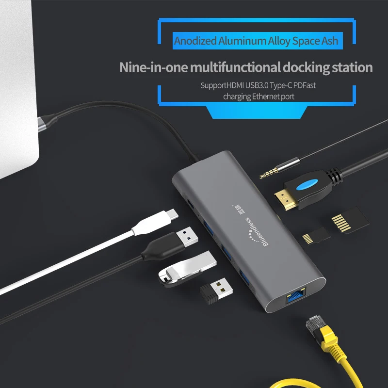 

Алюминиевая док-станция для ноутбука Usb Type-c, USB 3,0, HDMI-совместимая док-станция для TF LAN PD, USB-концентратор для Macbook, Huawei, DELL