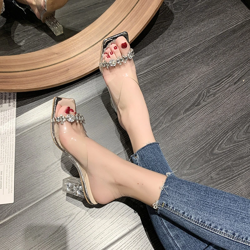 

PVC Transparent Crystal Chain Women Slippers Summer Ladies Shoes Big Size 35-41 Hot Square Toe Clear High Heels Sandals Slide