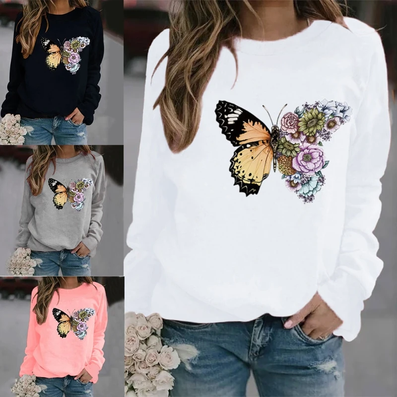 

Women Long Sleeve O-Neck Sweatshirt Colorful for butterfly Graphic Pullover Tunic Tops Loose Shirts drop shipping