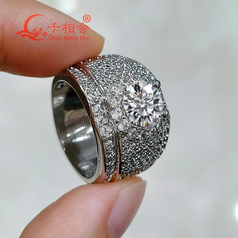 15.5mm 2ct 8mm round Moissanite half Eternity Band Ring  Men women Sterling 925 Silver Diamonds Engagement  Male Wedding Jewelry