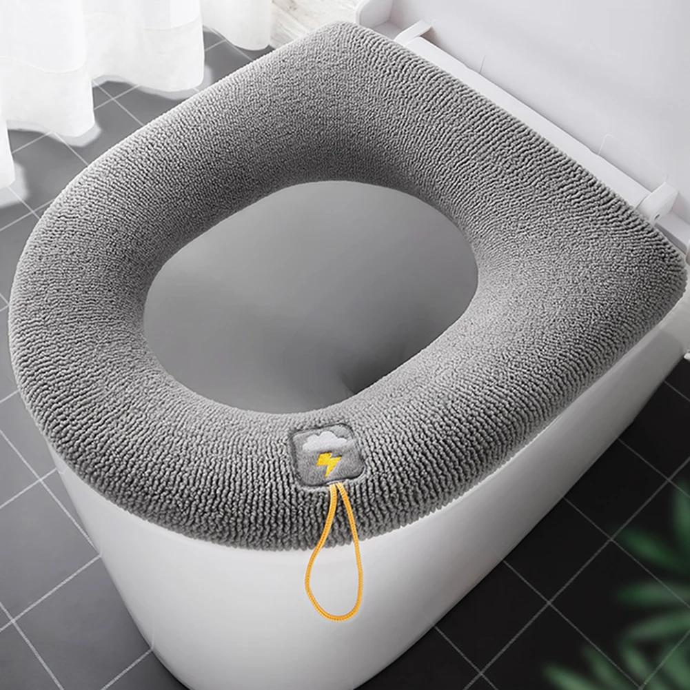

Toilet Seat Cover Warmer Washable Thickened Knitted Toilet Cushion Pad with Handle Design Bathroom Accessories