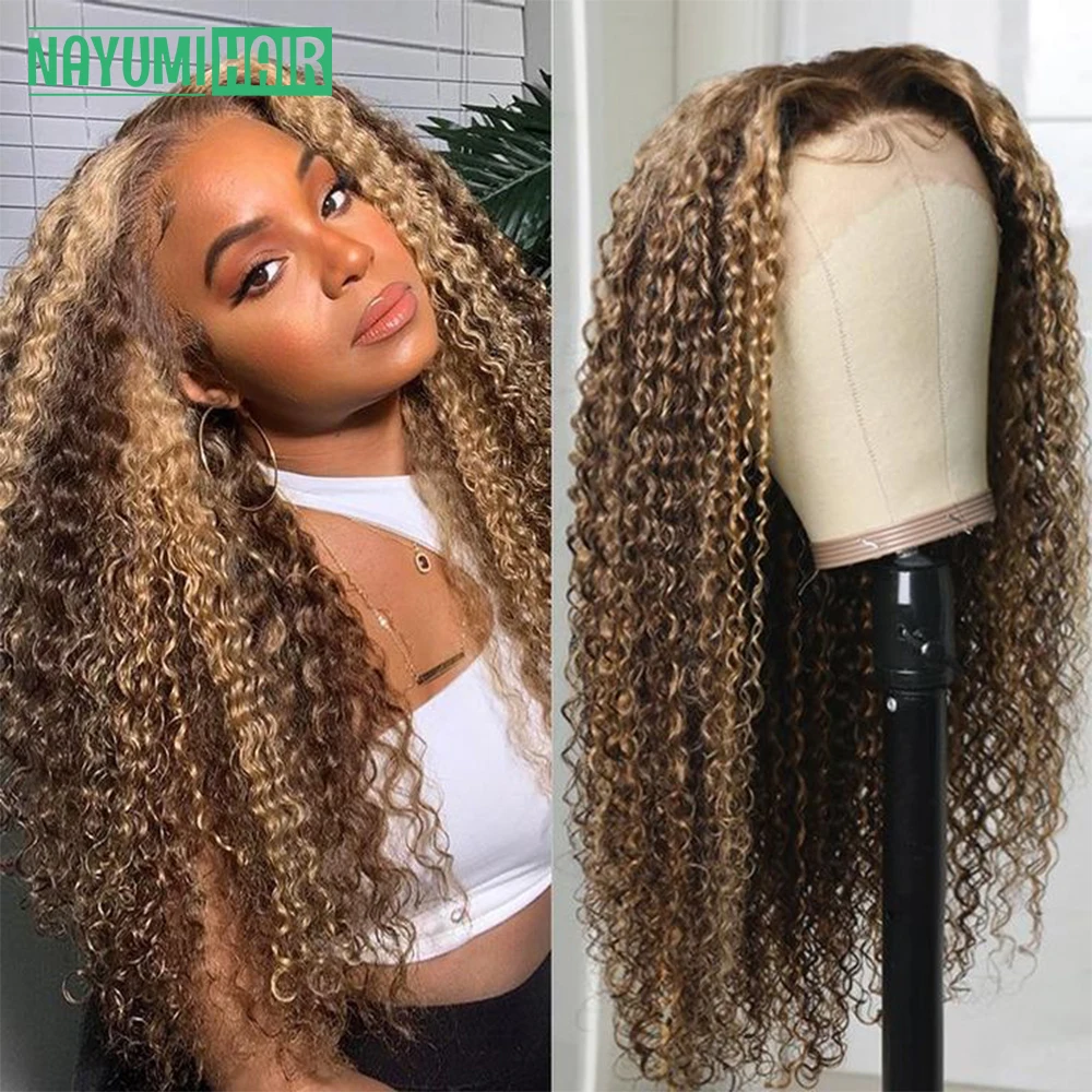 Afro Lace Front Highlights Wig 13x4 Lace Frontal Glueless Wig Ombre Transparent Lace Peruvian Curly Human Hair Wig Pre Plucked