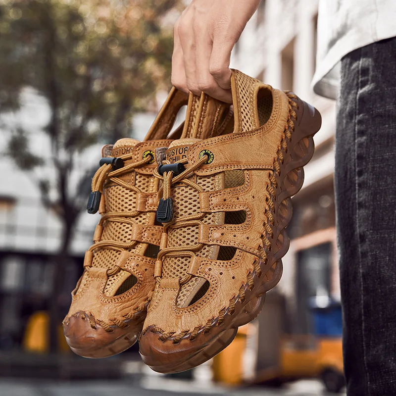 Мужские Сандалии Из Натуральной Кожи Нескользящая Износостойкая Пляжная Обувь