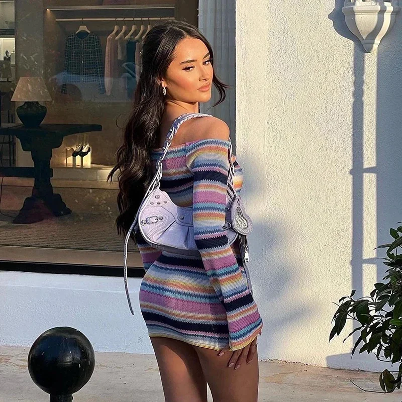 

CUTENOVA Colorful Striped Knitted Sexy Dresses for Women Slash Neck Long Sleeve Skinny Slim Mini Dress Fall Y2k Clubwear Jurks