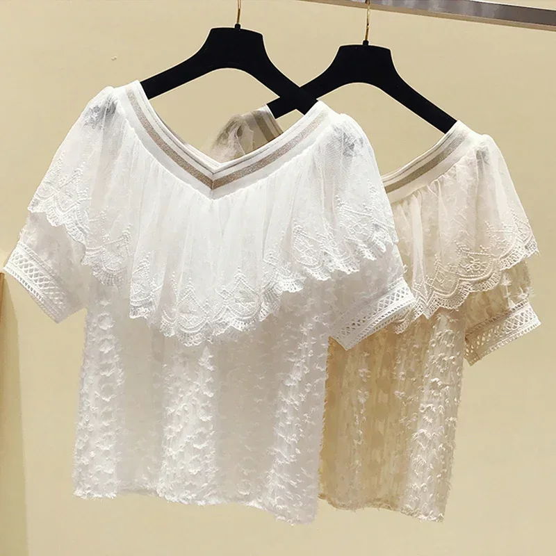 Летняя кружевная блузка для женщин Новая одежда детей с короткими рукавами и