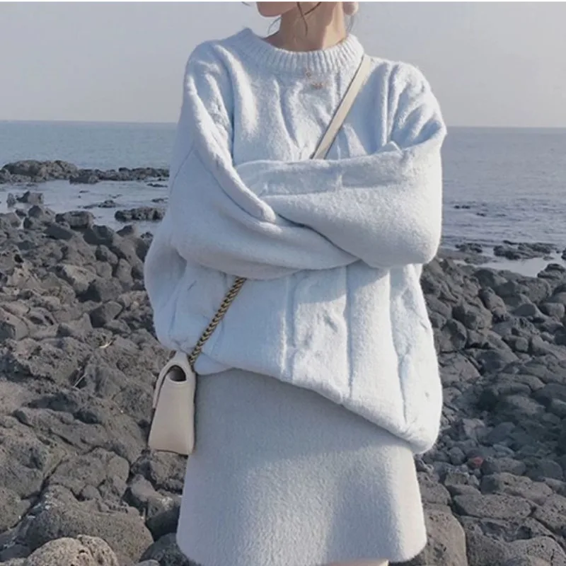 

Winter Mohair Sweater Ladies Knit Pullover Lazy 2022 Soft Drop Shoulder Loose Casual Stitching Sweater Women