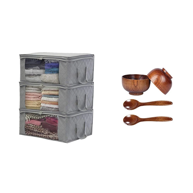 

3Pcs Storage Bag Quilt Clothes Bag Non Woven Fabric Storage Box With Wood Spoons Bowl Set